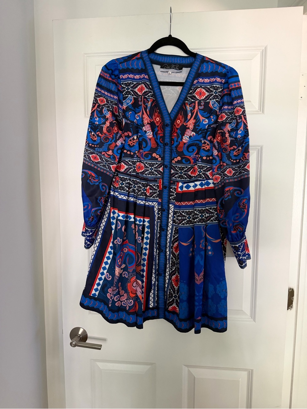 Blue Printed V-Neck Mini Dress with Red Accents + Belt
